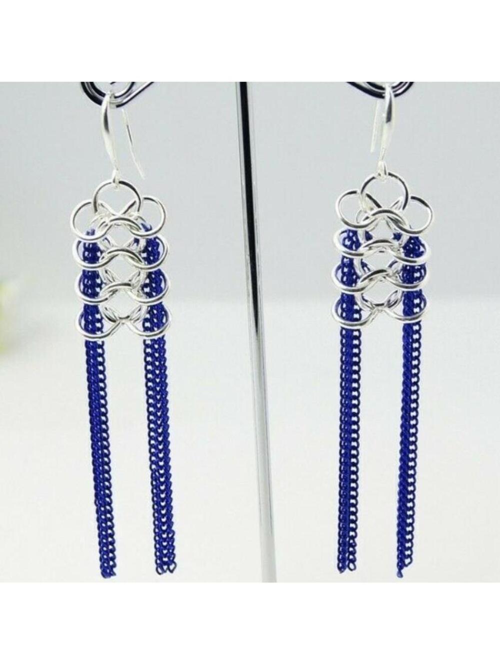 Handcrafted Long Shoulder Duster Metal Chain Earrings Silver Cobalt Blue